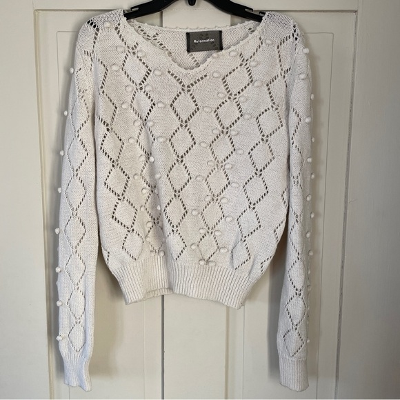 Reformation Marie Pompom Eyelet Knit Sweater White Size Large - Picture 8 of 15